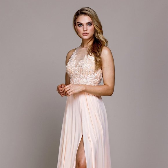 NEW SLEEVELESS CHIFFON DRESS EMBROIDERED WITH FLORAL PATTERNS & BEADS AC 375-1
